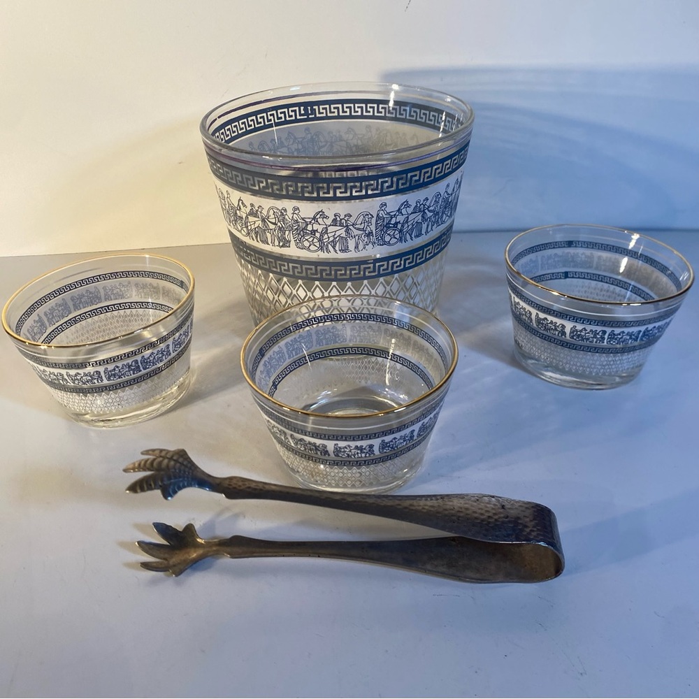 Vintage 1950s Jeanette Glass Patrician Key Roman Ice Bucket, Tongs & 3 Nut Bowls
